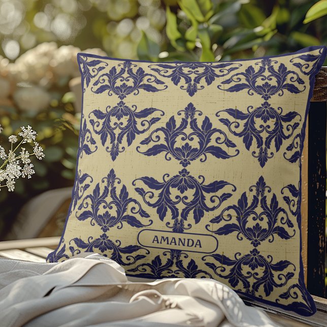 Coussin Élégant damas vintage bleu marine monogramme jaune (Créateur téléchargé)