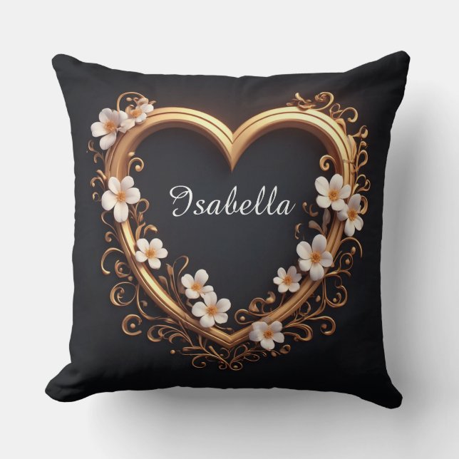 Coussin ✨ Élégant design de luxe floral cœur en or (Recto)