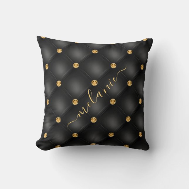 Coussin Elégant Diamant Or Noir Tufted Luxe Votre Nom (Recto)