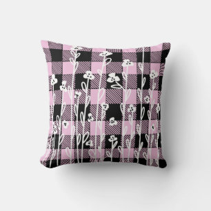 Coussin Élégant doodé noir rose floral plaid motif