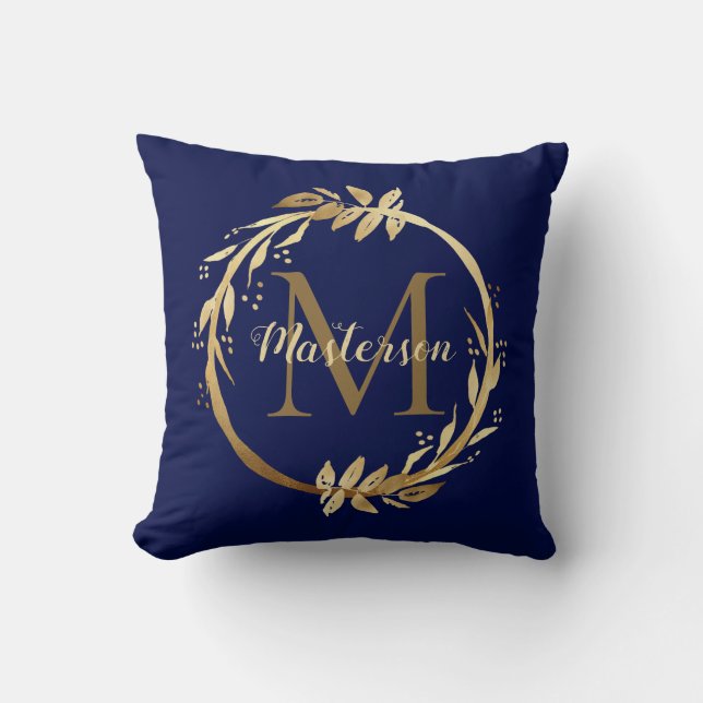 Coussin Élégant doré Bleu Foliage Wreath Famille Monogramm (Recto)