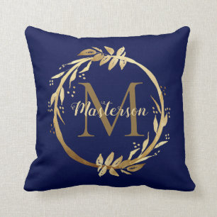 Coussin Élégant doré Bleu Foliage Wreath Famille Monogramm