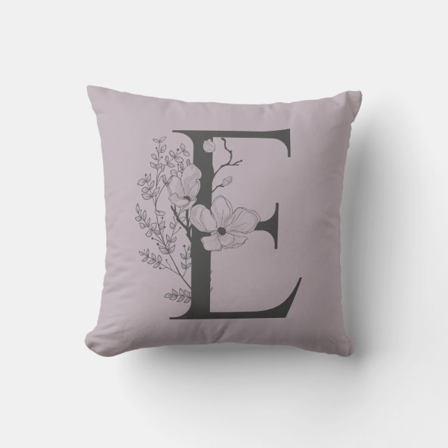 Coussin Élégant E Boho Floral Monogramme initial Lilac Gre (Recto)