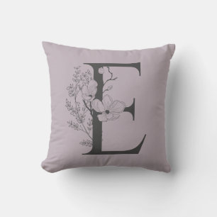 Coussin Élégant E Boho Floral Monogramme Initial Lilac Gri