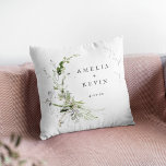 Coussin Elegant Earthy Greenery Personalized Names Date<br><div class="desc">Completely customizable,  this features delicate watercolor greenery that frames your details. Perfect for any beautiful event. This is part of my collection called "Earthy Greenery." Thank you for your support and interest in my design(s),  and be sure to visit my shop to see more of my designs.</div>