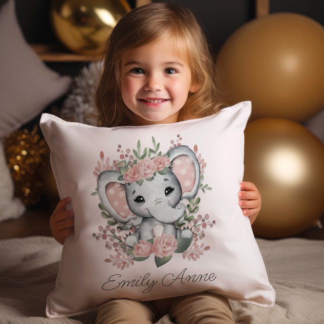 Coussin Élégant Éléphant Floral Rose Enfant Prénom (Cute pink princess elephant decorator pillow personalized with your child's name.)