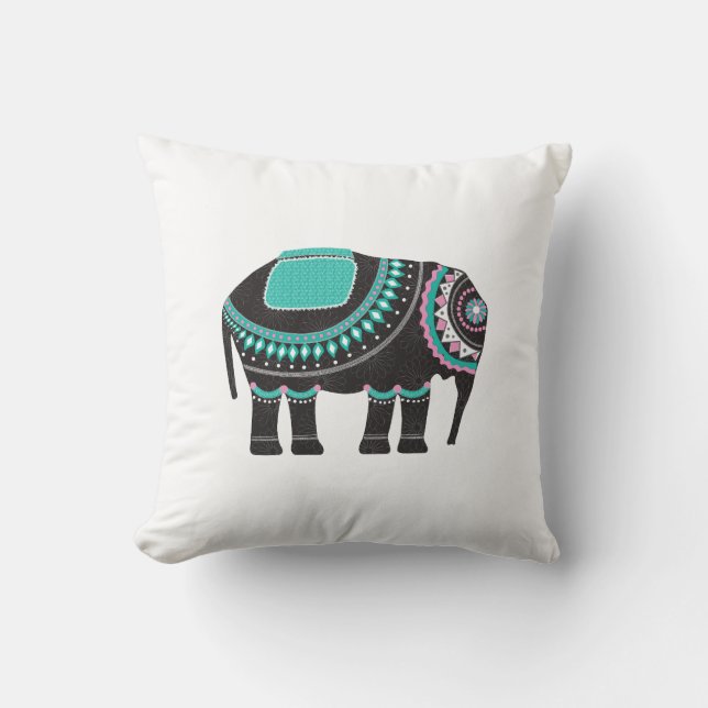 Coussin Elégant Eléphant Orné Noir, Couleur Turquoise (Recto)