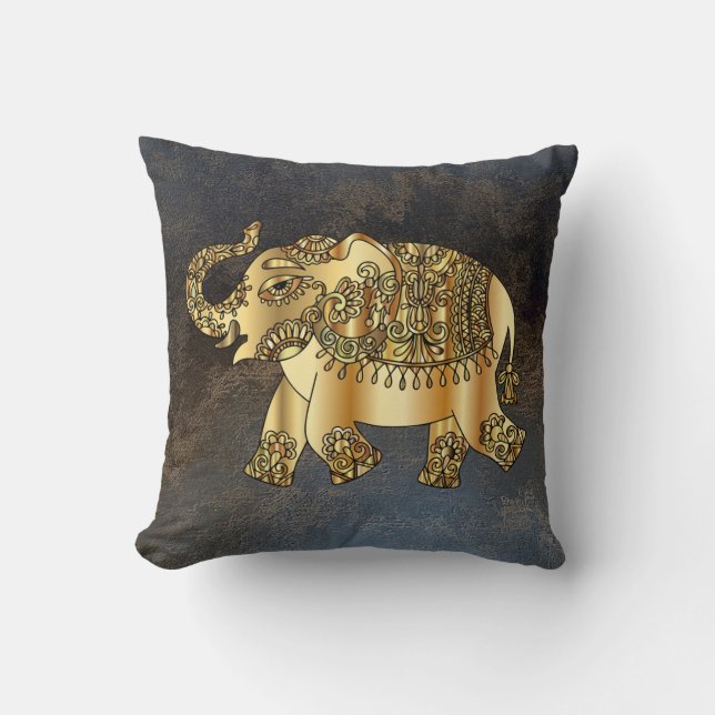 Coussin Élégant éléphant paisley or, aspect cuir (Recto)