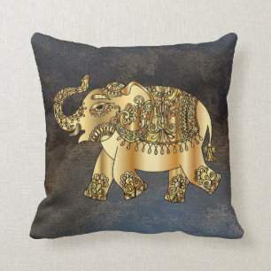 Coussin Élégant éléphant paisley or, aspect cuir