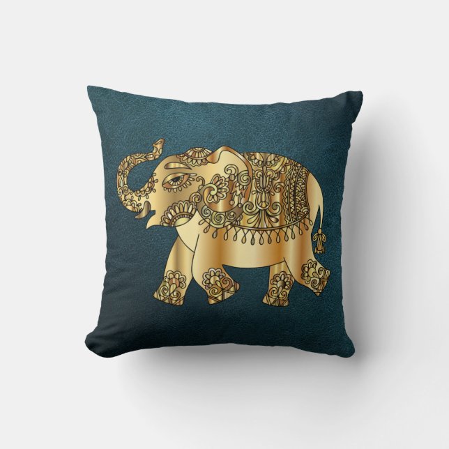 Coussin Élégant éléphant paisley or, aspect cuir vert  (Recto)