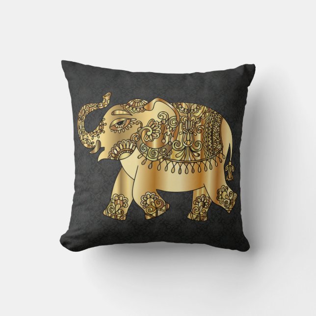 Coussin Élégant éléphant paisley or, damas noir (Recto)