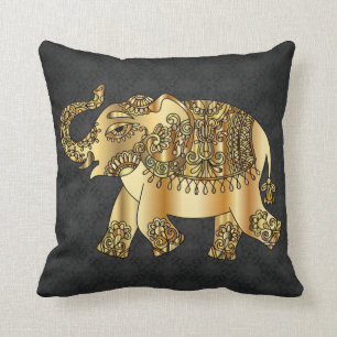 Coussin Élégant éléphant paisley or, damas noir