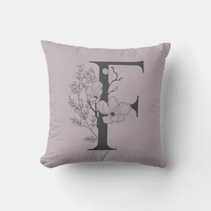 Coussin Élégant F Boho Floral Monogramme Initial Lilac Gri