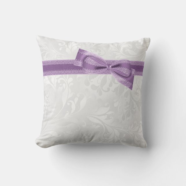 Coussin Élégant Faux Nœud Papillon & Ruban & Damassé Viole (Recto)
