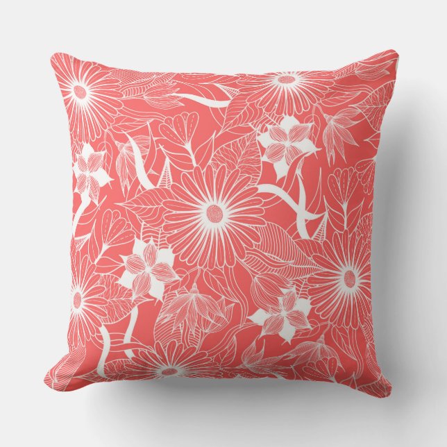 Coussin Élégant Feuille floral blanc rose de corail (Recto)