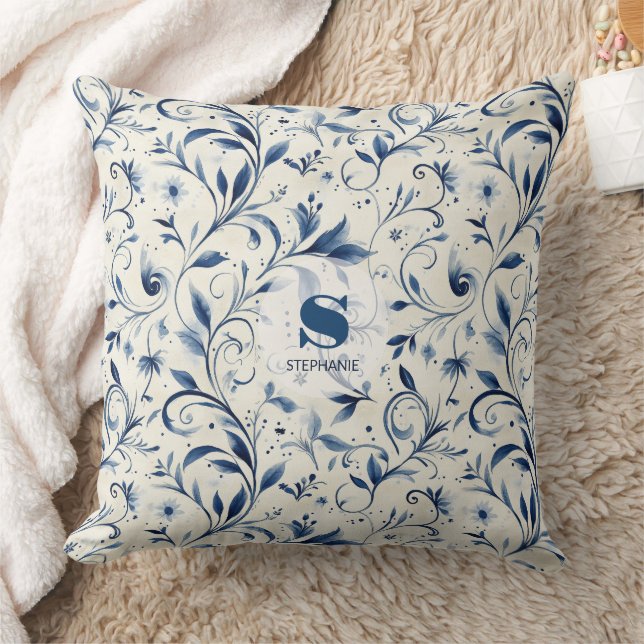 Coussin Élégant Feuilles Blue Paisley - Arrière - plan bla (Couverture)