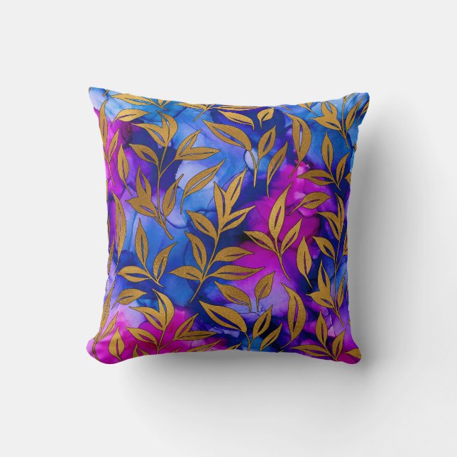 Coussin Élégant Feuilles d'or exotique Abstrait violet ble (Recto)