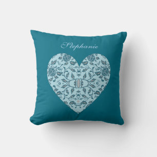 Coussin Elégant Fleur Turquoise Damas Coeur