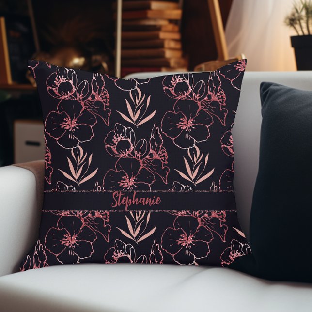 Coussin Élégant Fleurs De Parties scintillant Rose Et Mono (Créateur téléchargé)