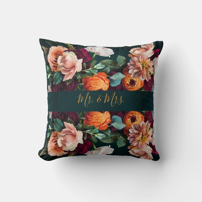 Coussin Élégant floral botanique rustique mariage de M. et (Recto)