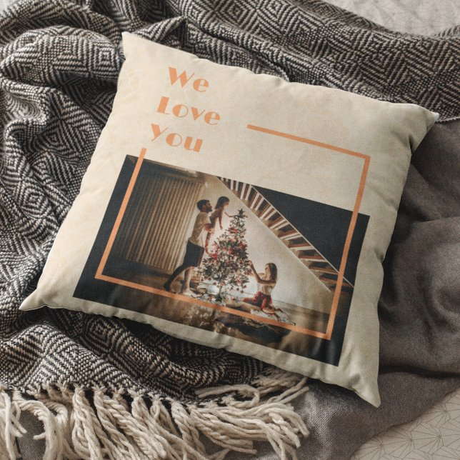 Coussin Elégant Floral Custom Family Photo Texte Orange (Créateur téléchargé)