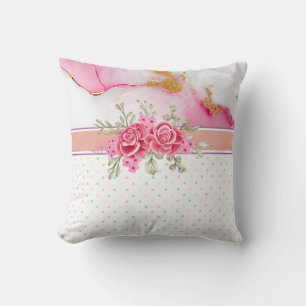Coussin Élégant floral et marbre doré avec un blanc, rose