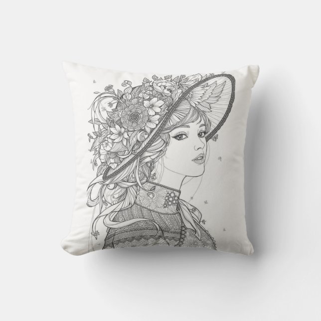 Coussin Elegant Floral Hat Lady Portrait Throw Pillow (Recto)