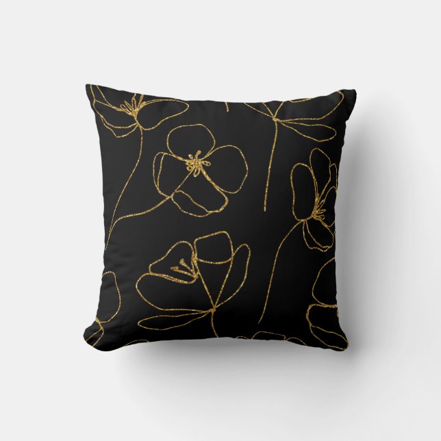 Coussin Élégant floral noir et or (Recto)