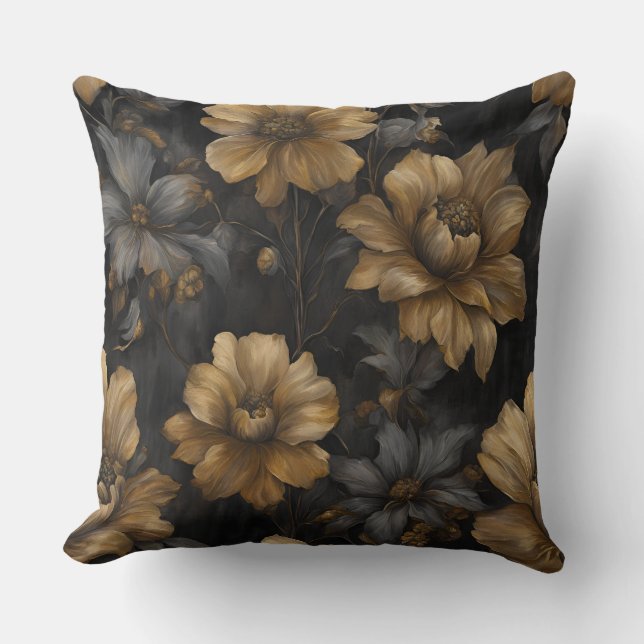 Coussin Élégant floral noir or gris (Recto)