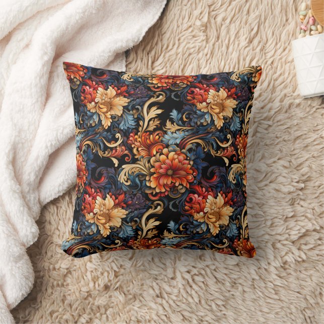 Coussin Élégant floral noir orange brûlé or (Couverture)
