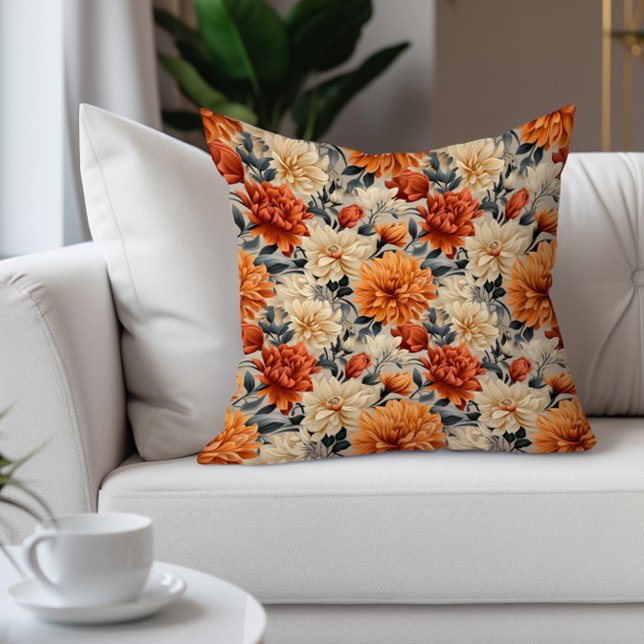 Coussin Élégant floral orange crème sarcelle  (Burnt orange and cream watercolor floral decorator pillow)