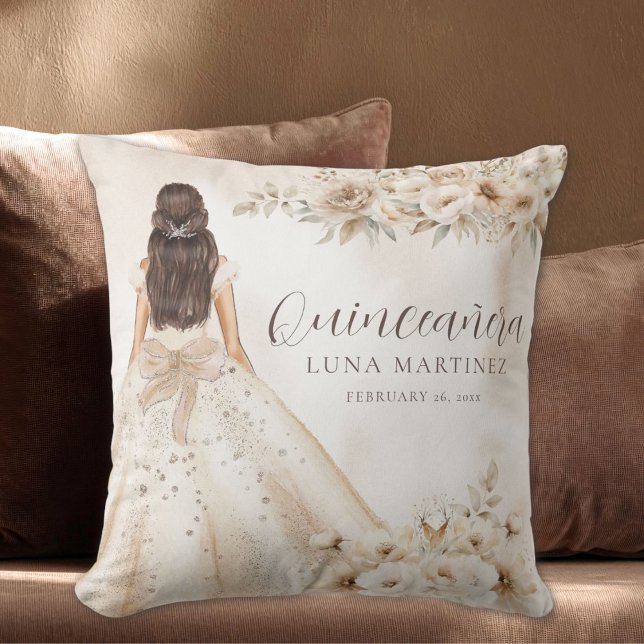 Coussin Elegant Floral Quinceañera Watercolor Ballgown (personalized quinceanara watercolor floral girl in ball gown 15th birthday throw pillow)