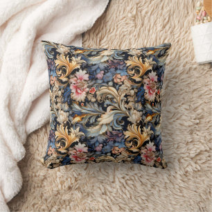 Coussin Élégant floral rose bleu or vintage
