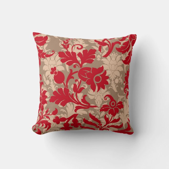 Coussin Élégant floral rouge, taupe et beige (Recto)