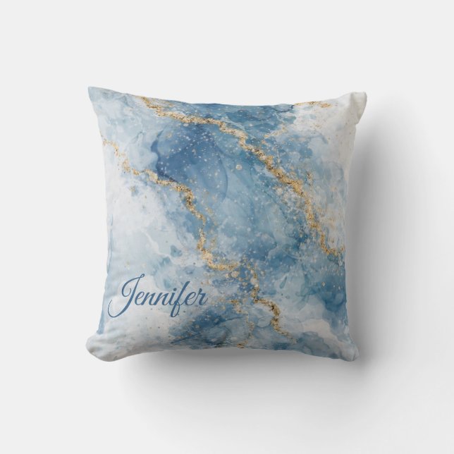 Coussin Élégant Flux Abstrait Paillettes Bleu Or           (Recto)