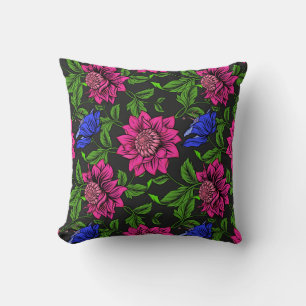 Coussin Elégant Fuchsia Et Fleur Bleue Arrière - plan Noir