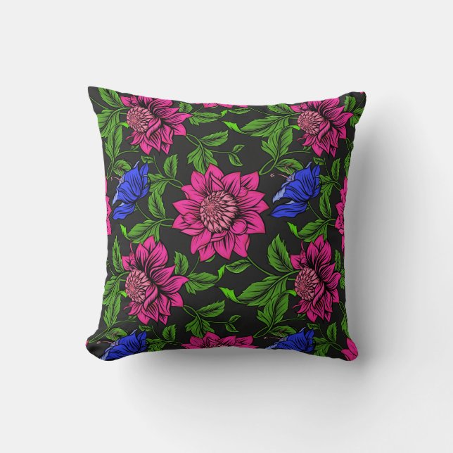 Coussin Elégant Fuchsia Et Fleur Bleue Arrière - plan Noir (Recto)