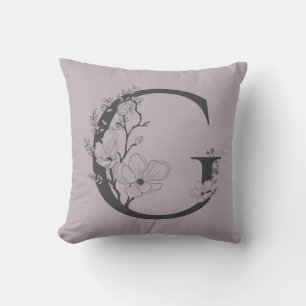 Coussin Élégant G Boho Floral Monogramme Initial Lilac Gri