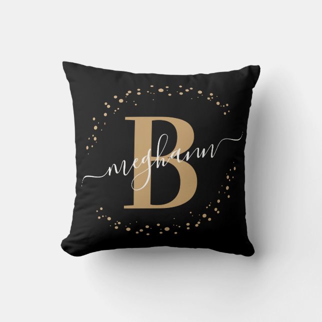 Coussin Élégant, Girly Black Gold Nom Monogramme Script (Recto)