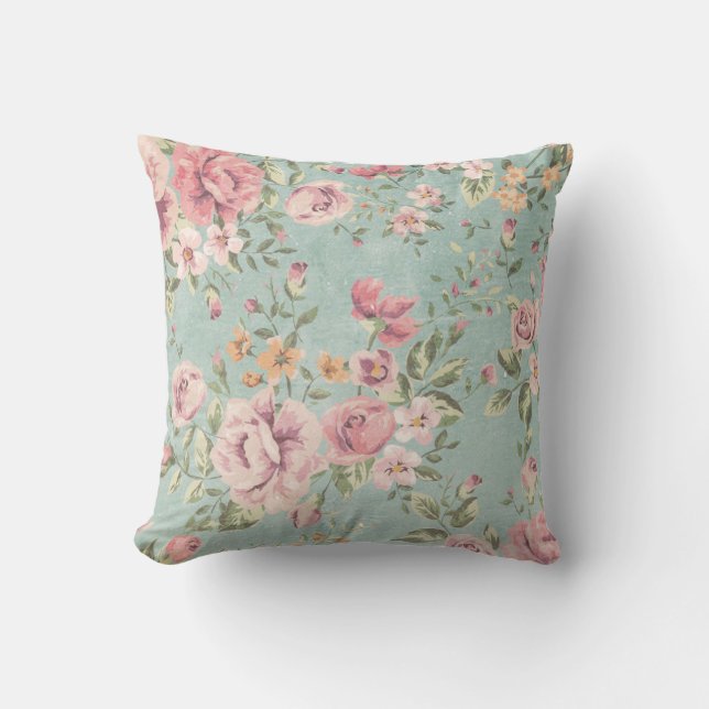 Coussin Élégant girly rose turquoise floral chic minable (Recto)