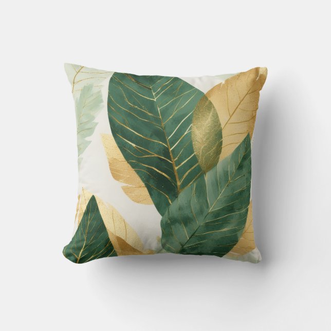 Coussin Elegant Gold & Green Botanical Leaves Throw Pillow (Recto)