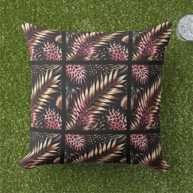 Coussin Elegant Gold, Pink and Black Jungle Leaf Pattern (Herbe)