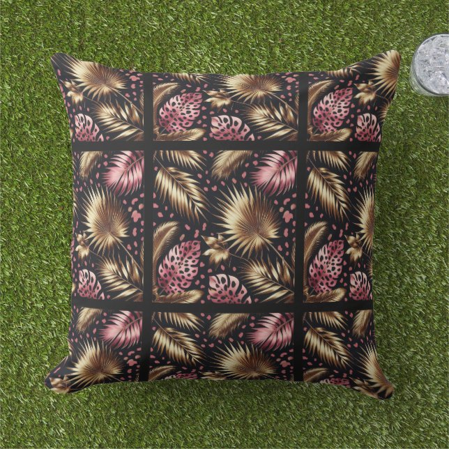 Coussin Elegant Gold, Pink and Black Jungle Leaf Pattern (Herbe)