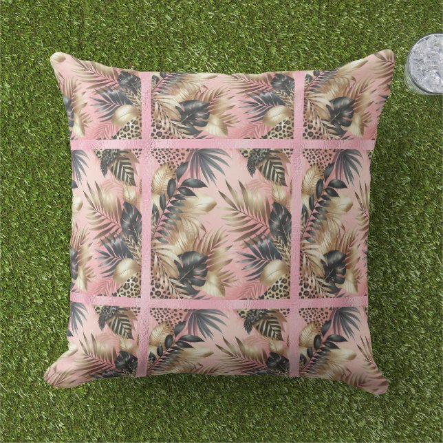 Coussin Elegant Gold, Pink and Black Jungle Leaf Pattern (Herbe)