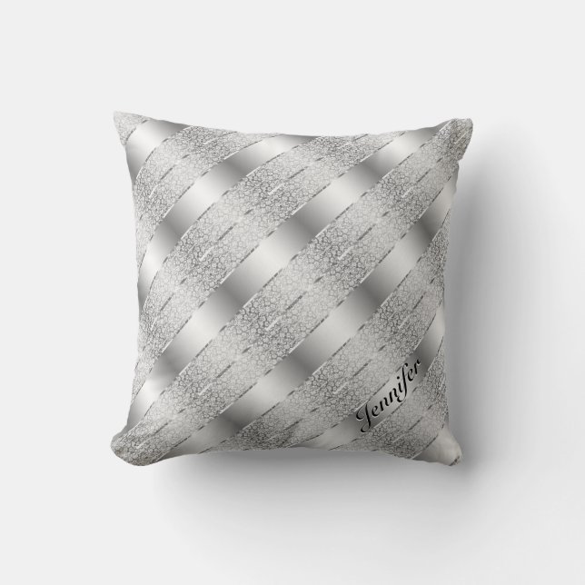 Coussin Élégant gris argenté rayures métalliques 2 Monogra (Recto)