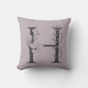 Coussin Élégant H Boho Floral Monogramme Initial Lilac Gri