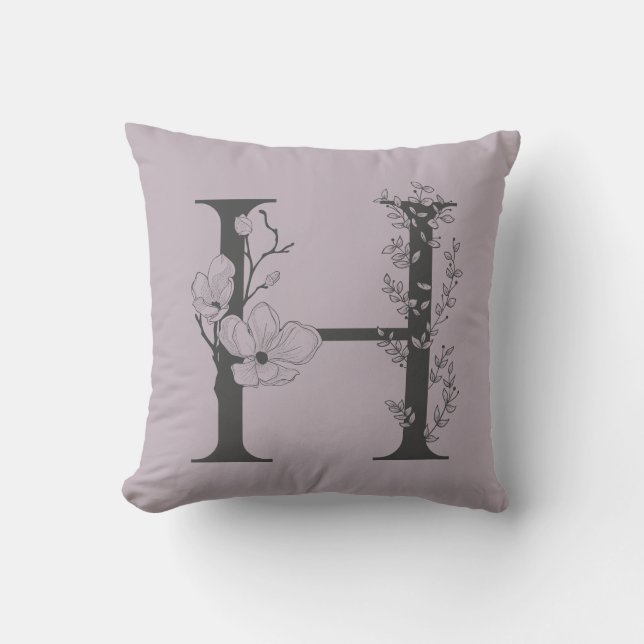 Coussin Élégant H Boho Floral Monogramme Initial Lilac Gri (Recto)
