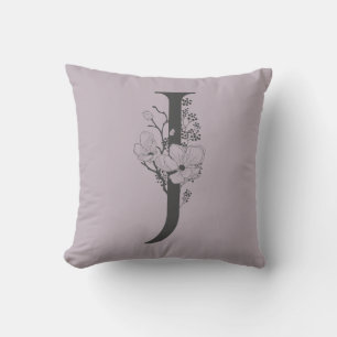 Coussin Élégant J Boho Floral Monogramme Initial Lilac Gri