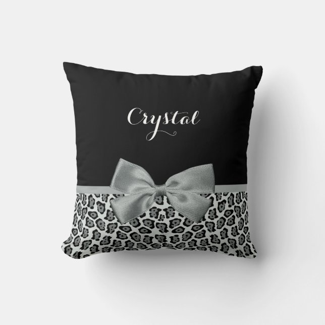 Coussin Élégant Jaguar gris Imprimer Nom joli Bow argenté (Recto)