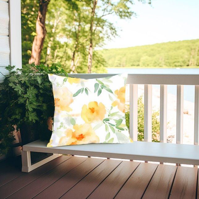Coussin Elégant jaune pêche orange aquarelle fleurie (Créateur téléchargé)